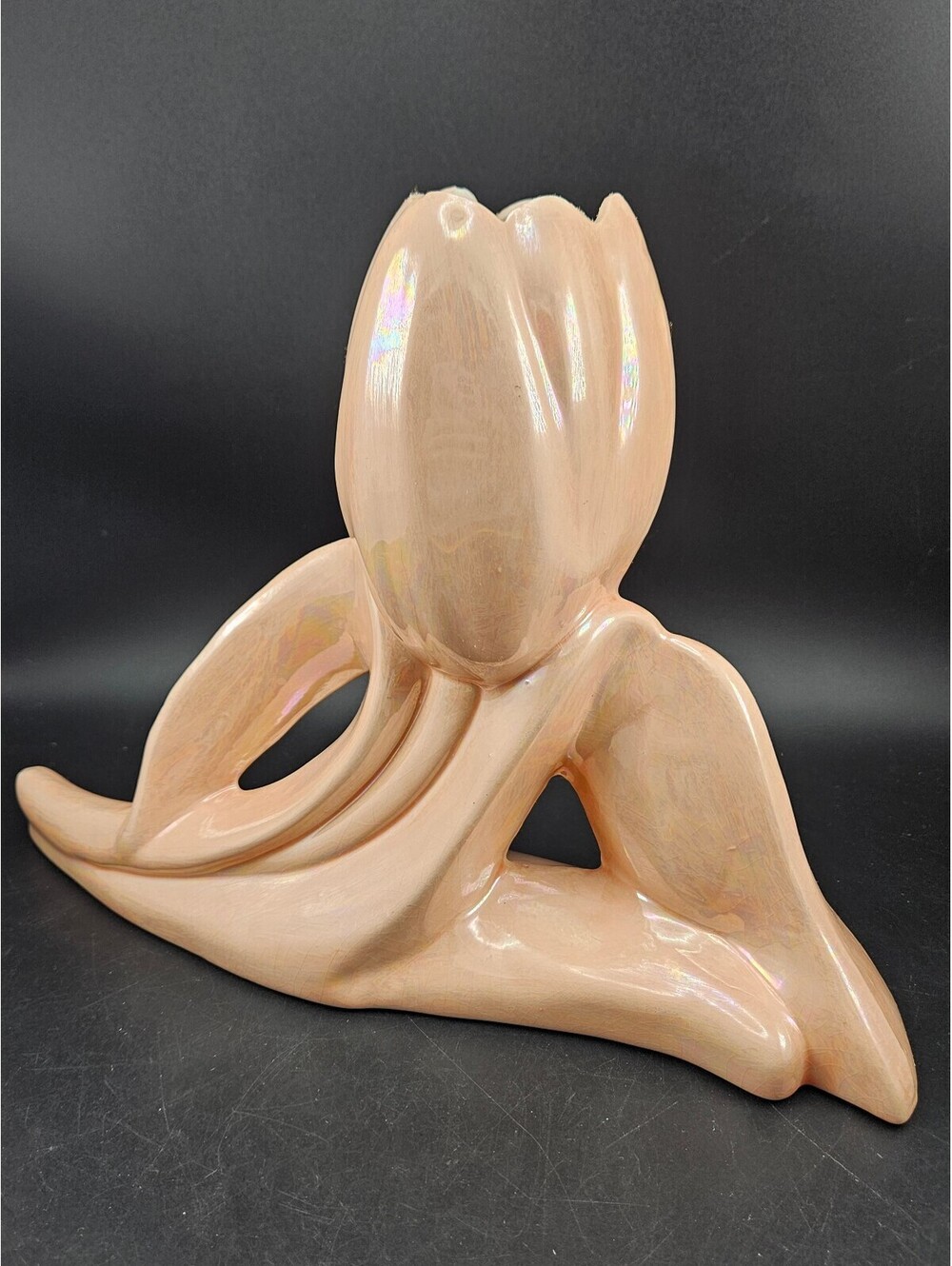 Vintage Postmodern Iridescent Ceramic Tulip Vase Pink Peach Lusterware 13.5"